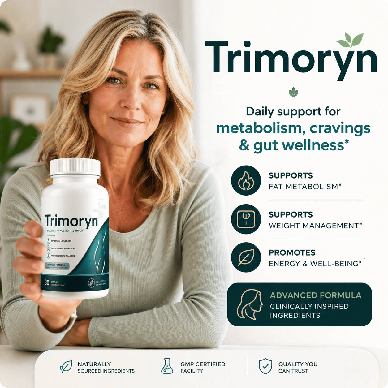 Woman holding a bottle of Trimoryn weight management supplement in a bright home setting